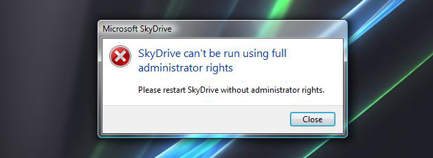 skydrive cannot be run using full administrator rights